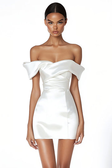 White Satin Off The Shoulder Bodycon Short Graduation Dress